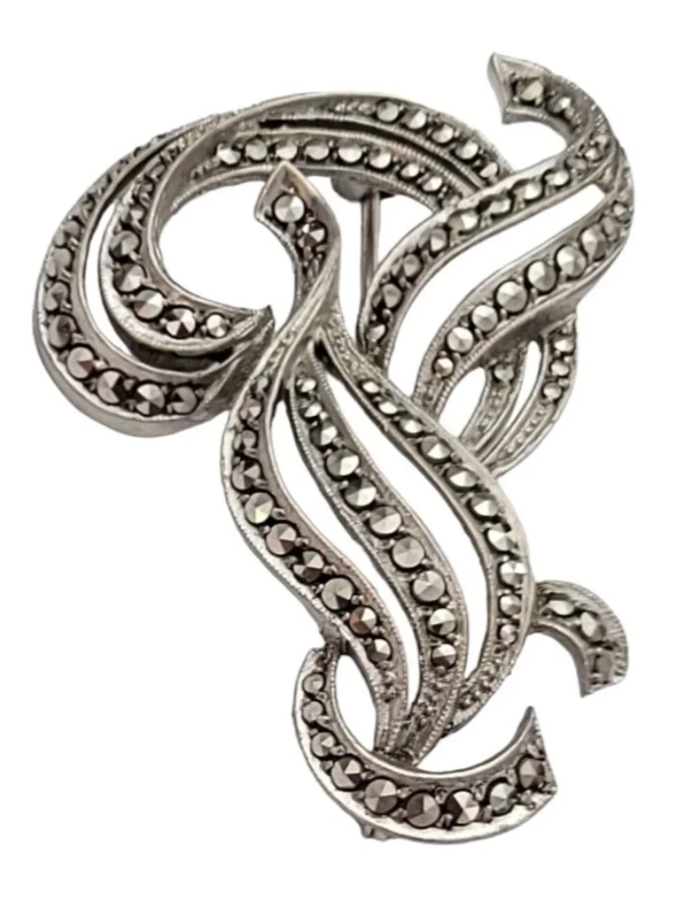 Sterling Silver Marcasite Ribbon Open Plume Brooch Pin K219